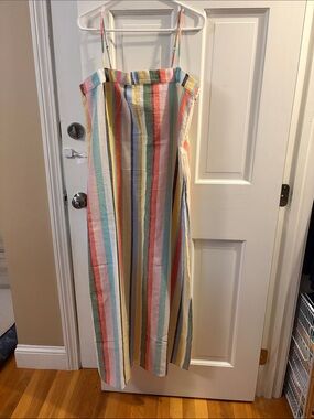LOFT Multicolor Vertical Stripe Linen Dress — Blue, Yellow, Green, Coral